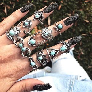 11 pc Turquoise Silver Finger Rings Gypsy Boho Hippie Stackable Trippy  GIFT